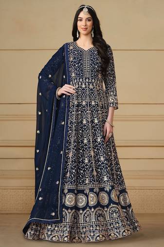 Blue georgette embroidered & sequins semi stitched suit size up to 42