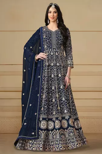 Blue georgette embroidered & sequins semi stitched suit size up to 42