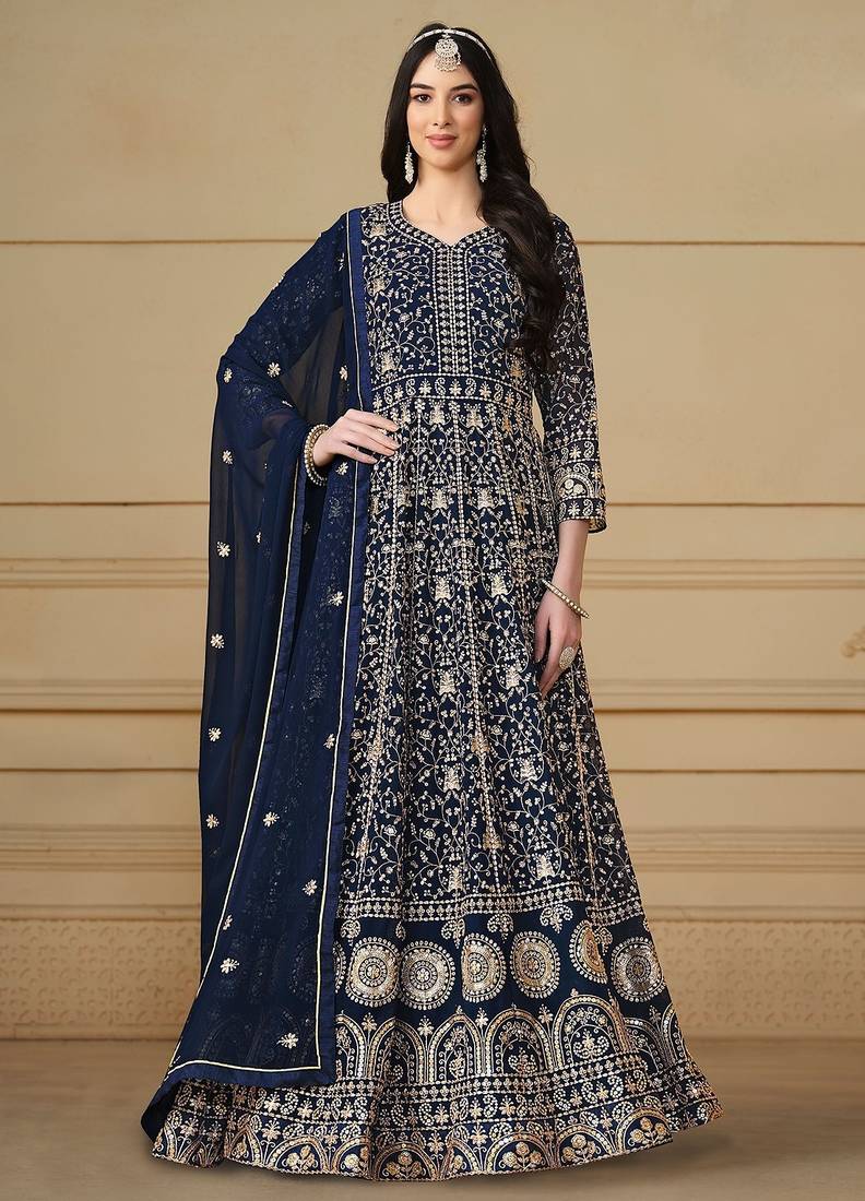 Blue georgette embroidered & sequins semi stitched suit size up to 42