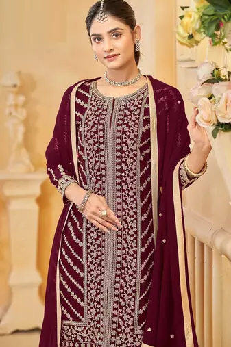 Maroon georgette zari embroidery & sequins free size stitch suit size up to 42