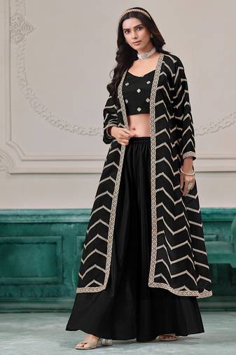 Black chinnon zari embroidery & sequins free size stitch suit size up to 42