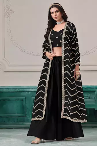 Black chinnon zari embroidery & sequins free size stitch suit size up to 42