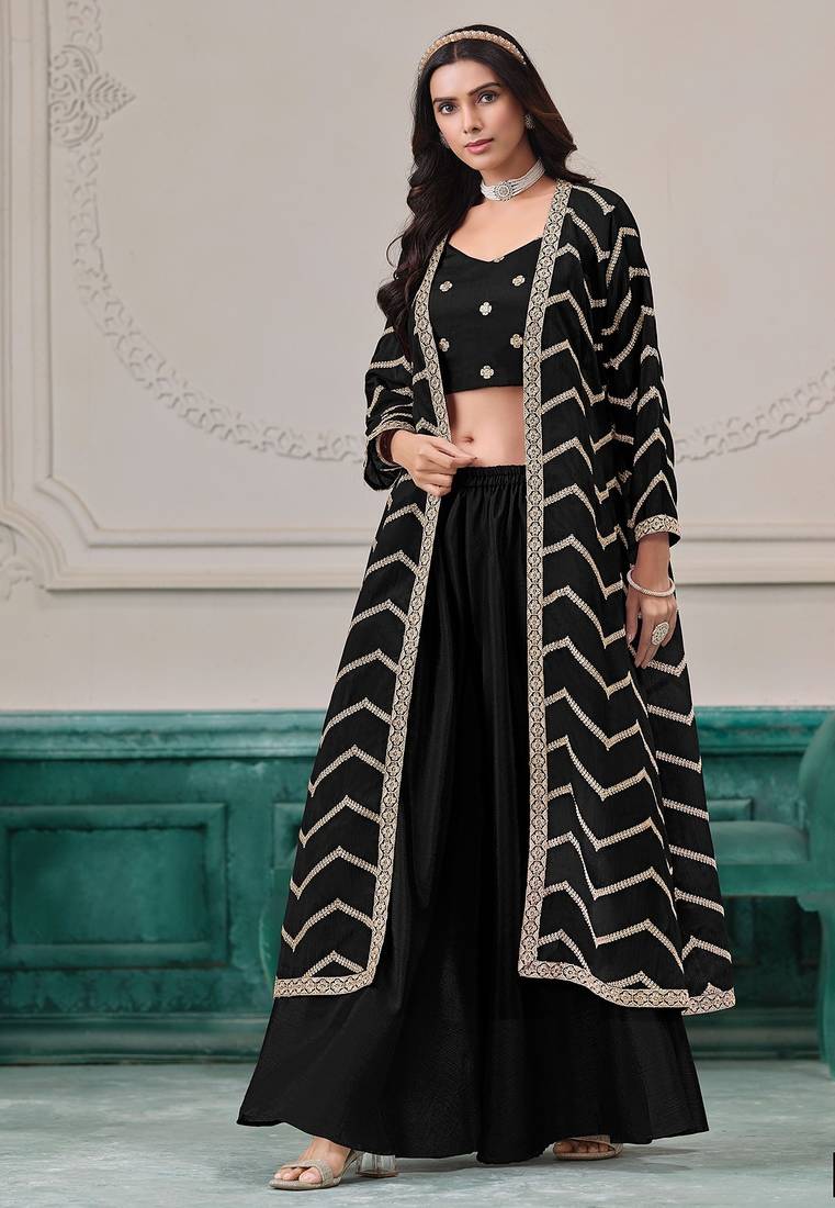 Black chinnon zari embroidery & sequins free size stitch suit size up to 42