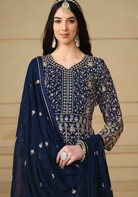 Blue georgette embroidered & sequins semi stitched suit size up to 42 2