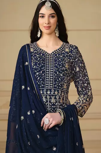 Blue georgette embroidered & sequins semi stitched suit size up to 42