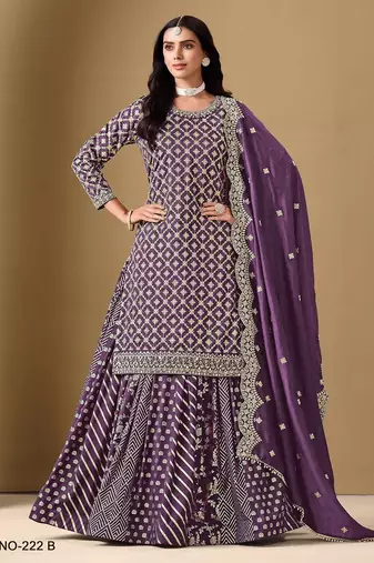 Purple art silk zari embroidery sequins mirror work & bottom jacquard print free size stitch suit size up to 42