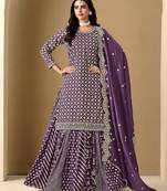 Purple art silk zari embroidery sequins mirror work & bottom jacquard print free size stitch suit size up to 42