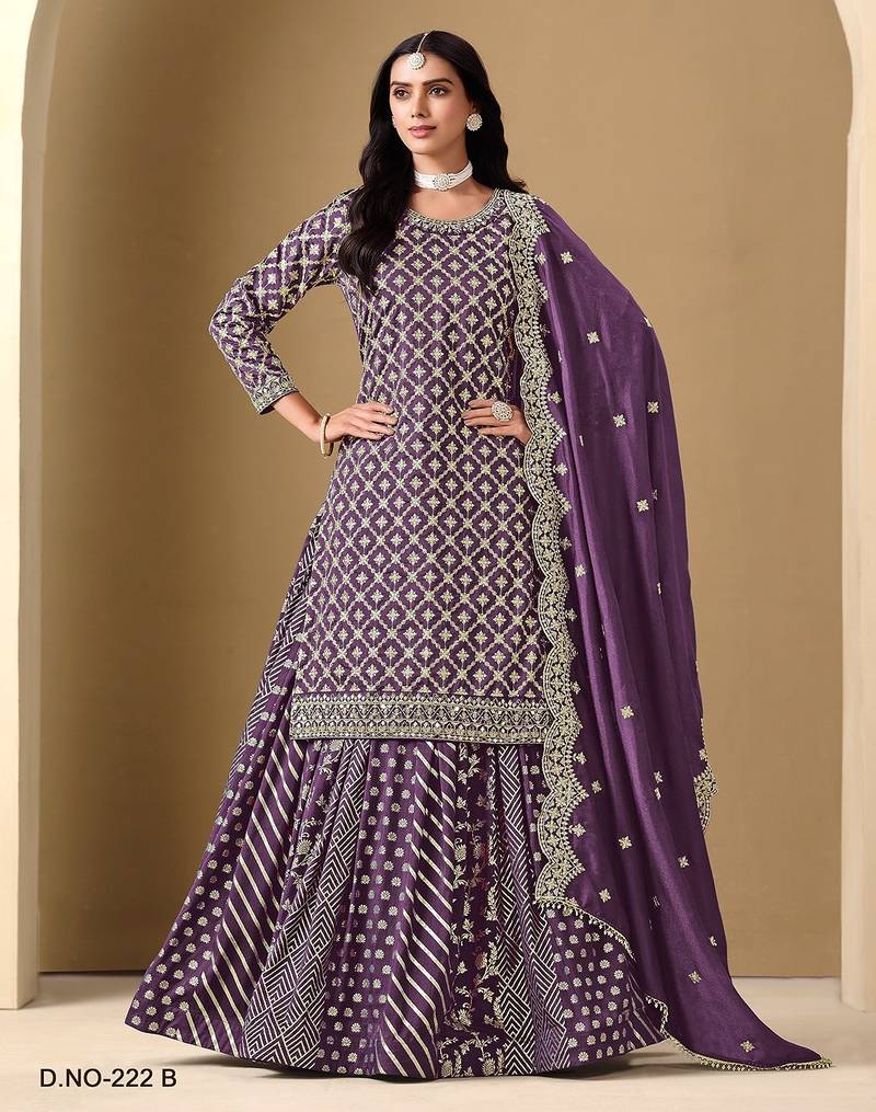Purple art silk zari embroidery sequins mirror work & bottom jacquard print free size stitch suit size up to 42