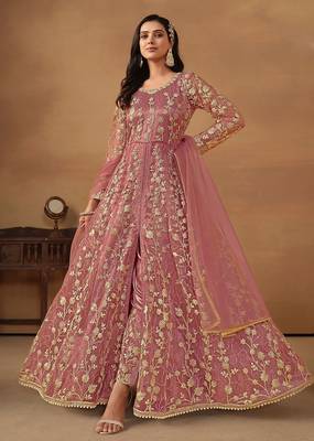 Pink net embroidered & sequins semi stitched suit size up to 42 1