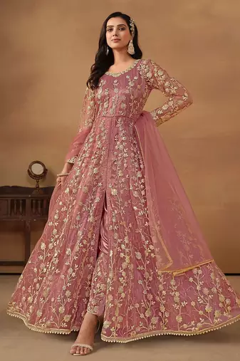 Pink net embroidered & sequins semi stitched suit size up to 42