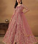 Pink net embroidered & sequins semi stitched suit size up to 42