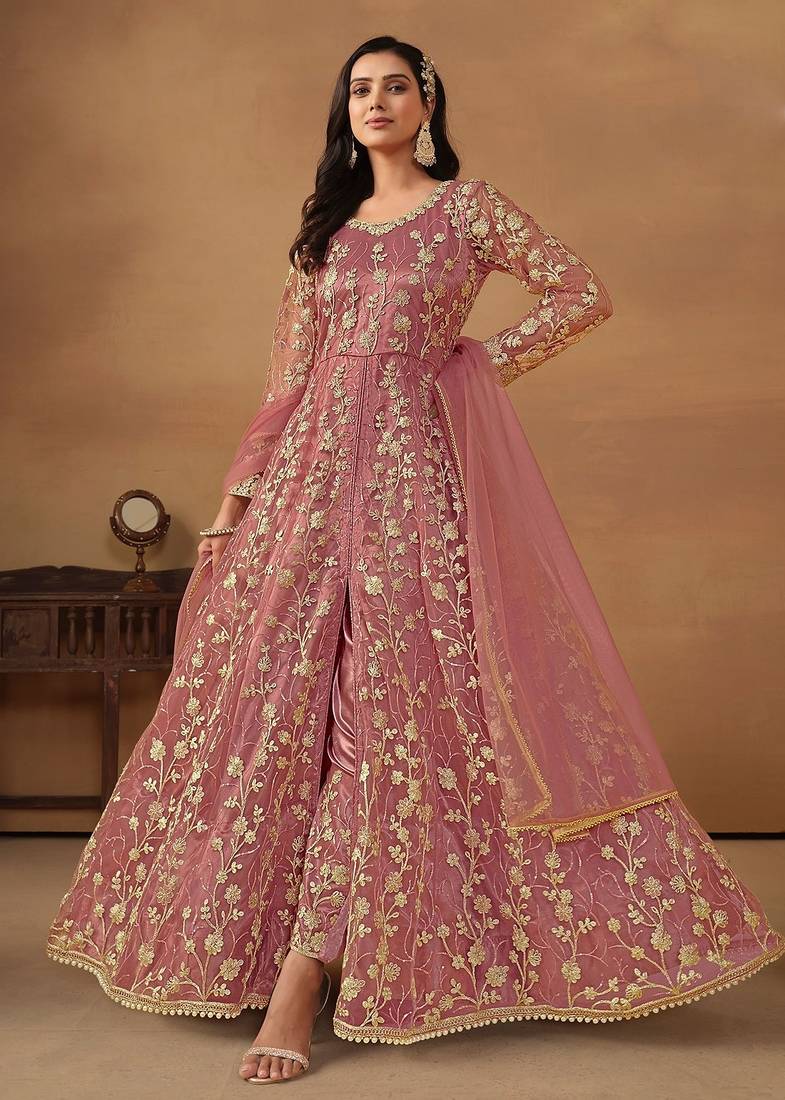 Pink net embroidered & sequins semi stitched suit size up to 42