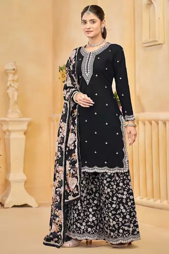 Black roman silk zari embroidery sequins & printed dupatta free size stitch suit size up to 42