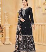 Black roman silk zari embroidery sequins & printed dupatta free size stitch suit size up to 42