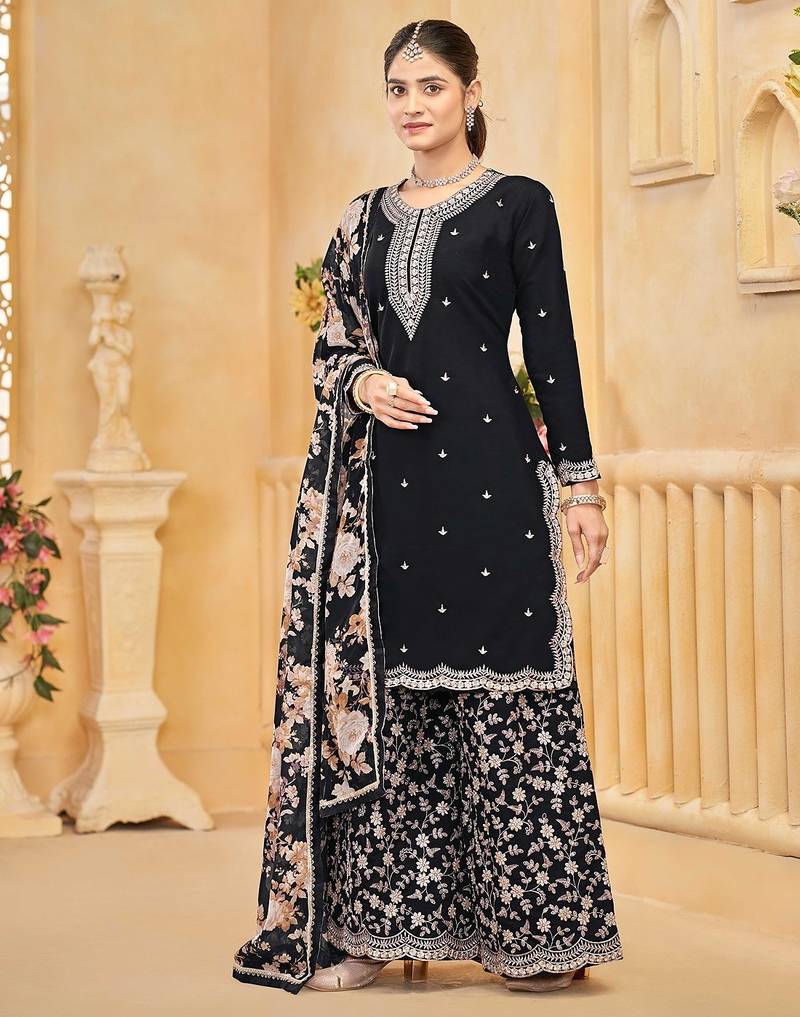 Black roman silk zari embroidery sequins & printed dupatta free size stitch suit size up to 42