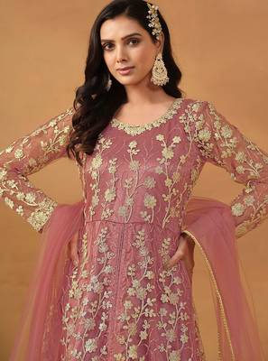 Pink net embroidered & sequins semi stitched suit size up to 42 2