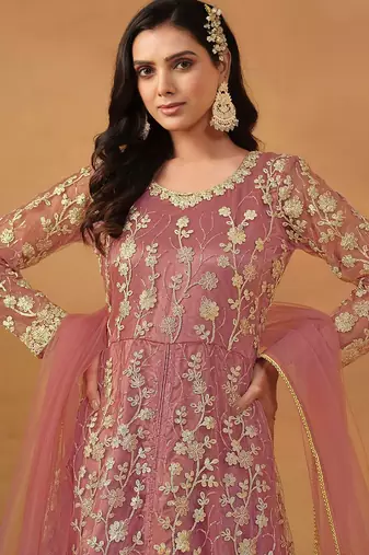 Pink net embroidered & sequins semi stitched suit size up to 42