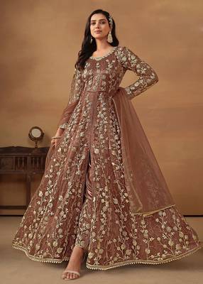 Brown net embroidered & sequins semi stitched suit size up to 42 1