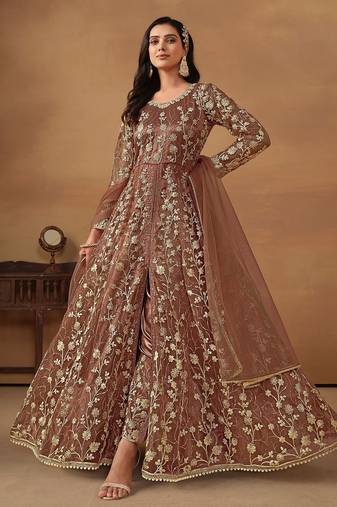 Brown net embroidered & sequins semi stitched suit size up to 42