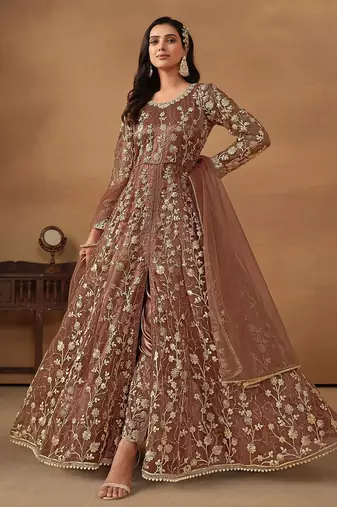 Brown net embroidered & sequins semi stitched suit size up to 42