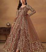 Brown net embroidered & sequins semi stitched suit size up to 42