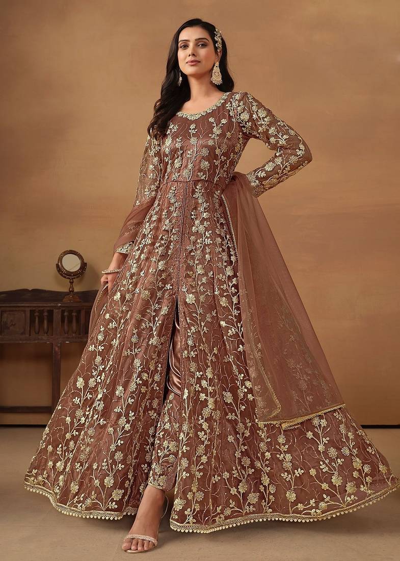 Brown net embroidered & sequins semi stitched suit size up to 42