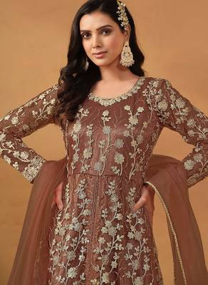 Brown net embroidered & sequins semi stitched suit size up to 42 2
