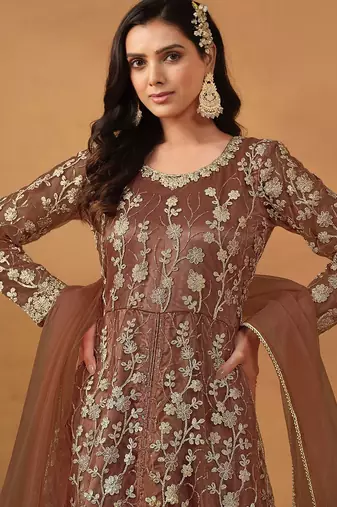 Brown net embroidered & sequins semi stitched suit size up to 42