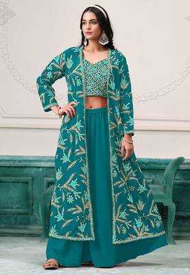 Turquoise blue georgette zari embroidery & sequins free size stitch suit size up to 42 1
