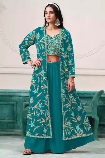 Turquoise blue georgette zari embroidery & sequins free size stitch suit size up to 42