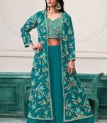 Turquoise blue georgette zari embroidery & sequins free size stitch suit size up to 42