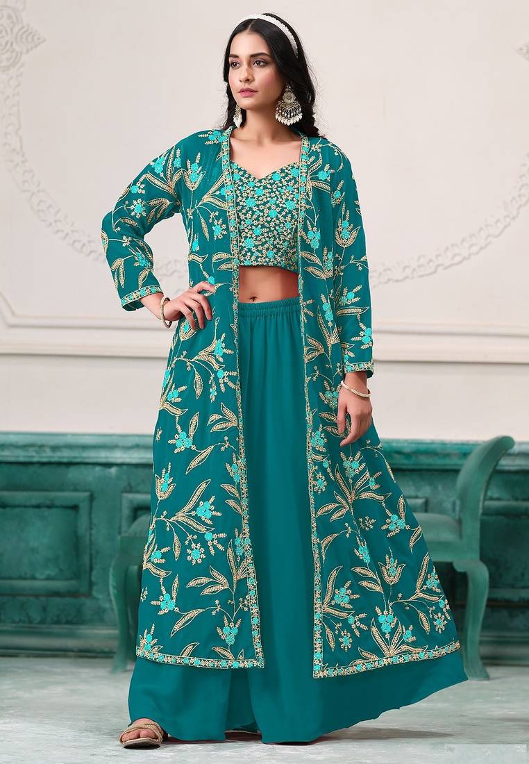 Turquoise blue georgette zari embroidery & sequins free size stitch suit size up to 42