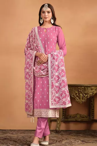Pink georgette embroidery & sequins semi stitched suit size up to 42