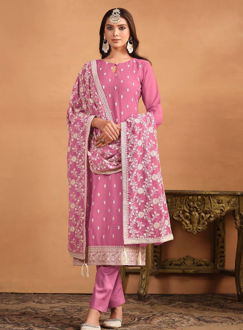 Pink georgette embroidery & sequins semi stitched suit size up to 42