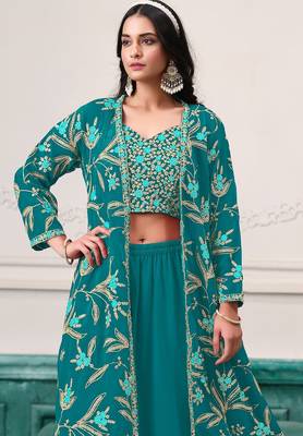 Turquoise blue georgette zari embroidery & sequins free size stitch suit size up to 42 2