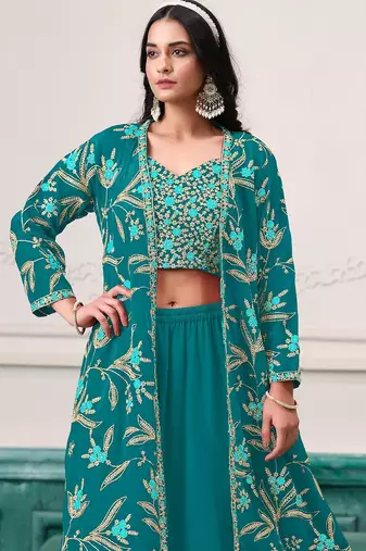 Turquoise blue georgette zari embroidery & sequins free size stitch suit size up to 42