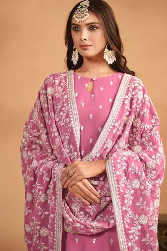 Pink georgette embroidery & sequins semi stitched suit size up to 42