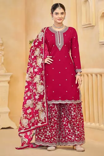 Rani pink roman silk zari embroidery sequins & printed dupatta free size stitch suit size up to 42