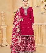 Rani pink roman silk zari embroidery sequins & printed dupatta free size stitch suit size up to 42