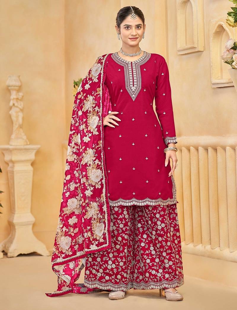 Rani pink roman silk zari embroidery sequins & printed dupatta free size stitch suit size up to 42