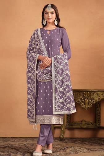 Purple georgette embroidery & sequins semi stitched suit size up to 42