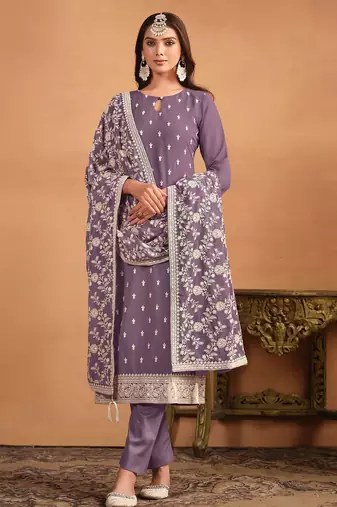 Purple georgette embroidery & sequins semi stitched suit size up to 42