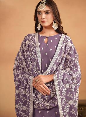 Purple georgette embroidery & sequins semi stitched suit size up to 42 2