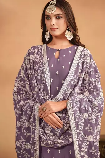 Purple georgette embroidery & sequins semi stitched suit size up to 42