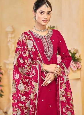 Rani pink roman silk zari embroidery sequins & printed dupatta free size stitch suit size up to 42 2