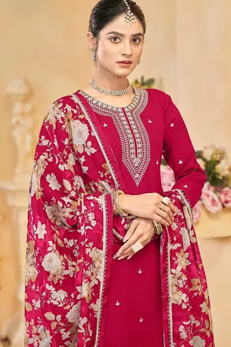 Rani pink roman silk zari embroidery sequins & printed dupatta free size stitch suit size up to 42