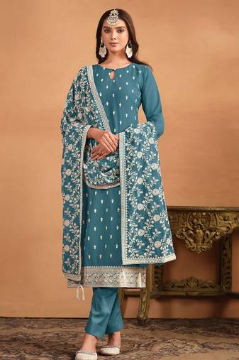 Teal blue georgette embroidery & sequins semi stitched suit size up to 42