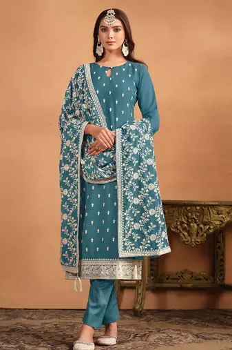 Teal blue georgette embroidery & sequins semi stitched suit size up to 42