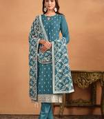 Teal blue georgette embroidery & sequins semi stitched suit size up to 42