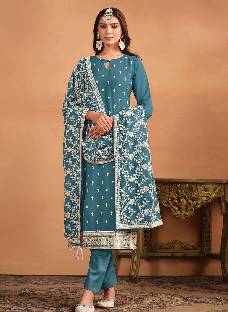 Teal blue georgette embroidery & sequins semi stitched suit size up to 42